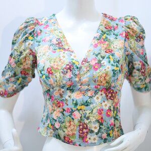 ZARA Printed Floral Short Puff Sleeve Satin Crop Blouse Women’s Size S NWT.